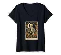 Mujer The Reader Tarot Skeleton Moon Floral Book Lover Camiseta Cuello V
