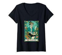 Mujer The Teacher Tarot Card Skeleton Vintage Classroom Halloween Camiseta Cuello V
