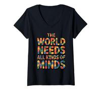 Mujer The World Needs All Kinds of Minds Puzzle Autism Awareness Camiseta Cuello V