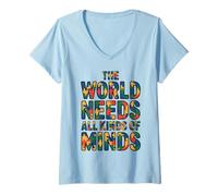 Mujer The World Needs All Kinds of Minds Teacher Autism Awareness Camiseta Cuello V