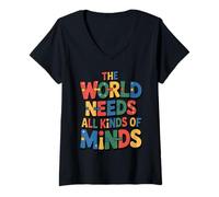 Mujer The World Needs All Kinds of Minds Teacher Autism Awareness Camiseta Cuello V