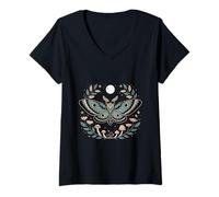 Mujer Therian Moth Fairycore Estética Cottagecore Luna Floral Camiseta Cuello V