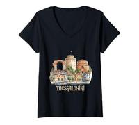 Mujer Thessaloniki Grecia Travel Souvenir City Landmark Gift Camiseta Cuello V