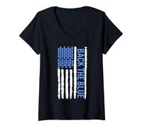 Mujer Thin Blue Line Back The Blue Flag Police Support Camiseta Cuello V