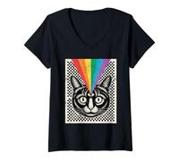Mujer Third Eye Cat Rainbow Rays Trippy Optical Camiseta Cuello V