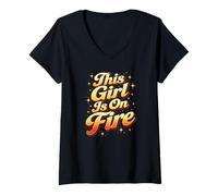 Mujer This Girl Is On Fire Retro Tipografía Gráfico Camiseta Cuello V