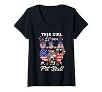 Mujer This Girl Loves USA and Her Dog 4th of July Pit Bull Lover Camiseta Cuello V