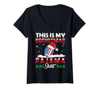 Mujer This Is My Christmas Pajama American Football USA Flag Xmas Camiseta Cuello V