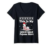 Mujer This Is My Christmas Pajama Pit Bull Dog Funny Xmas Camiseta Cuello V