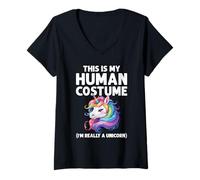 Mujer This Is My Human Costume I'm Really A Unicorn Halloween Camiseta Cuello V