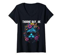 Mujer Thorne Bay - Gato de Alaska con Gafas de Sol y diseño de Flores Camiseta Cuello V