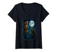 Mujer Three Capybara Howling At The Moon 3 Capybara Moon Camiseta Cuello V