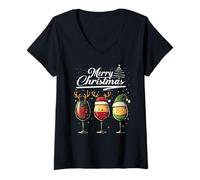 Mujer Three Wine Glasses Merry Christmas Reindeer Santa Elf Xmas Camiseta Cuello V