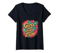 Mujer Throwback Girls Just Wanna Have Fun Night out Fiesta Retro Camiseta Cuello V