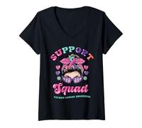 Mujer Thyroid Cancer Support Squad Messy Bun Wear Pink Teal Ribbon Camiseta Cuello V