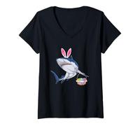 Mujer Tiburón con Cesta de Pascua y Orejas de Conejo Feliz Pascua Divertido Camiseta Cuello V
