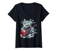Mujer Tiburón Tocando Guitarra Músico Guitarrista Rock Camiseta Cuello V