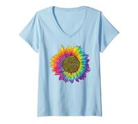 Mujer TIE DYE GIRASOL Peace Love 60s 70s Hippie Retro Vintage Camiseta Cuello V