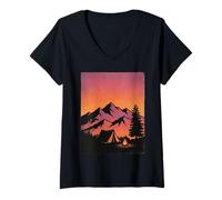 Mujer Tienda de campaña Vintage al Atardecer montaña Aventura Campamento Excursionista Camiseta Cuello V