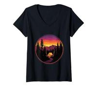 Mujer Tienda de campaña Vintage montaña Puesta de Sol Retro Aventura Excursionista Camiseta Cuello V