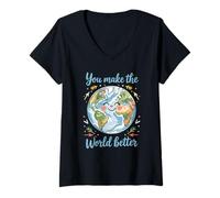 Mujer Tierra Feliz Haces Que El Mundo Mejor Planeta Positivo Camiseta Cuello V