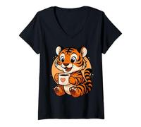 Mujer Tigre Bebiendo Café Gráfico Tigre Kawaii Anime Camiseta Cuello V