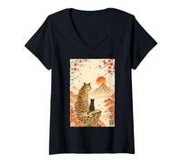 Mujer Tigre Cat Zen Paisaje de Flor de Cerezo japonés Ukiyo-e Camiseta Cuello V