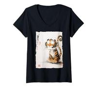 Mujer Tigre Derpy con Ojos saltones Divertido Arte cómico japonés Camiseta Cuello V
