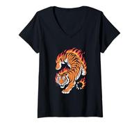 Mujer Tigre En Llamas Diseño Impactante Camiseta Cuello V
