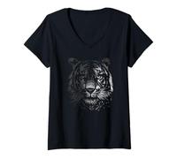Mujer Tigre Gran felino depredador Monocromo Cabeza de Tigre Camiseta Cuello V