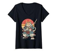 Mujer Tigre Guerrero con Katana Japonesa Red Sun Art Camiseta Cuello V