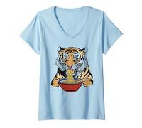 Mujer Tigre Hambriento Comiendo Fideos Ramen Arte Camiseta Cuello V