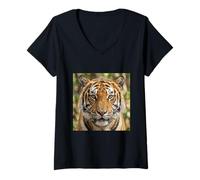 Mujer Tigre Primer Plano Retrato Intenso Vida Silvestre Cara Camiseta Cuello V