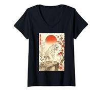 Mujer Tigre rugiente Japonés Sumi-e Cerezo Flor Paisaje Edo Camiseta Cuello V