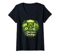 Mujer Tiki Got Lucky Shamrock Tiki Vibes en una Isla Tropical de Hawái Camiseta Cuello V