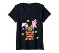 Mujer Tiki Luau Hawaii Hawaii Máscara Tiki Huevos Conejo Orejas Camiseta Cuello V