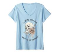 Mujer Til Death Do Us Part Forever Love Skeleton Rose Romántico Camiseta Cuello V