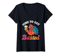 Mujer Time to Get Basted Turkey Funny Thanksgiving Beer Drinking Camiseta Cuello V