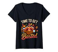 Mujer Time to Get Basted Turkey Funny Thanksgiving Wine Drinking Camiseta Cuello V