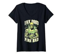 Mujer Tinta de Tatuaje Frankenstein Good Fire Bad Halloween Monster Camiseta Cuello V
