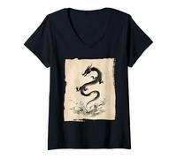 Mujer Tinta Dragón Zen Flow Japonés Sumi Art Camiseta Cuello V