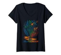 Mujer Tinta Y Imaginación Castillo Dragón Fantasía Camiseta Cuello V