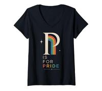 Mujer Tipografía Retro de Letras arcoíris LGBTQ P Is For Pride Camiseta Cuello V