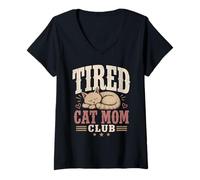Mujer Tired Cat Mom Club Vintage Agotado Divertido Gráfico Camiseta Cuello V