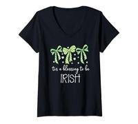 Mujer Tis a Blessing to be Irish Blessing St Patricks Coquette Bow Camiseta Cuello V