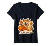 Mujer Tis The Season Akita Dog Otoño Otoño Calabaza Especias Latte Pup Camiseta Cuello V