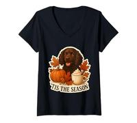 Mujer Tis The Season American Water Spaniel Perro Otoño Otoño Café Camiseta Cuello V