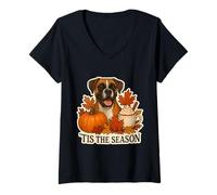Mujer Tis The Season Boxer Dog Otoño-Otoño Pumpkin Spice Latte Pupp Camiseta Cuello V
