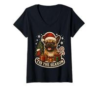 Mujer Tis The Season Bulldog Francés Perro Navidad Mamá Papá Dueño Camiseta Cuello V