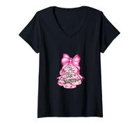 Mujer Tis The Season - Campana de Navidad con Lazo Rosa Camiseta Cuello V